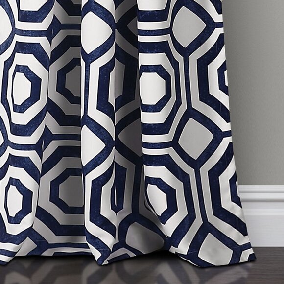 Room Darkening Window Curtain Navy 52X84 Set Half Moon Octagon Blocks #2567 - Picture 3 of 8